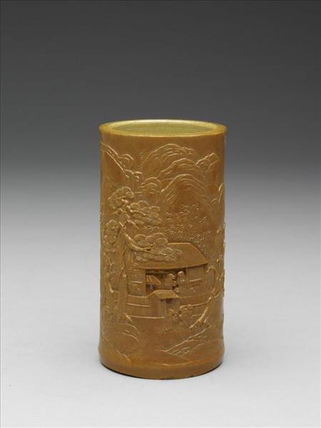 黃釉雕竹筆筒
