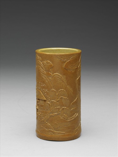 黃釉雕竹筆筒
