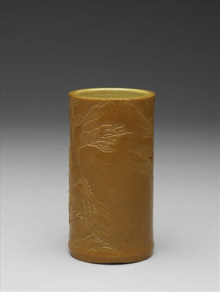 黃釉雕竹筆筒