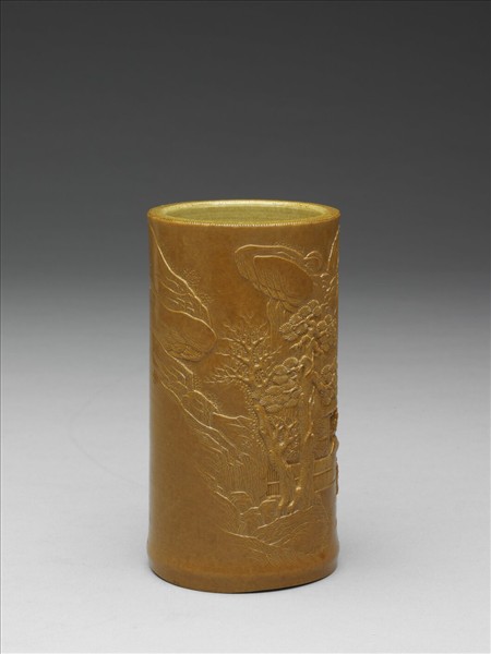 黃釉雕竹筆筒