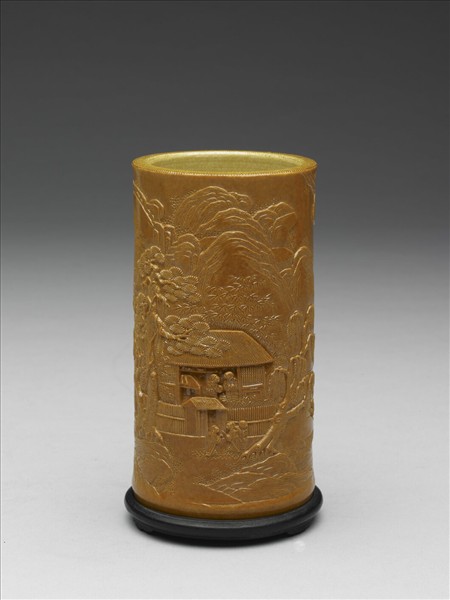 黃釉雕竹筆筒