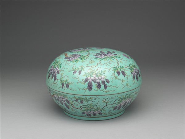 洋彩湖綠地花鳥紋蓋盒