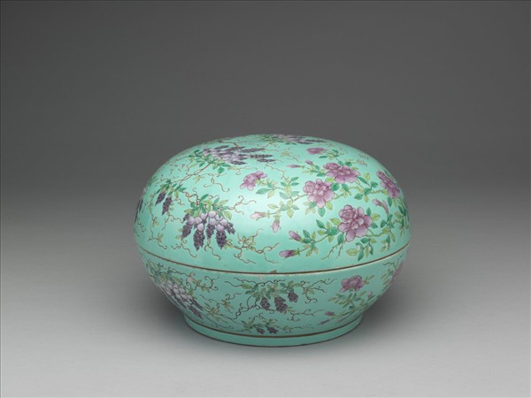 洋彩湖綠地花鳥紋蓋盒