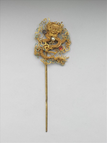 銀鍍金嵌珠寶龍戲珠簪