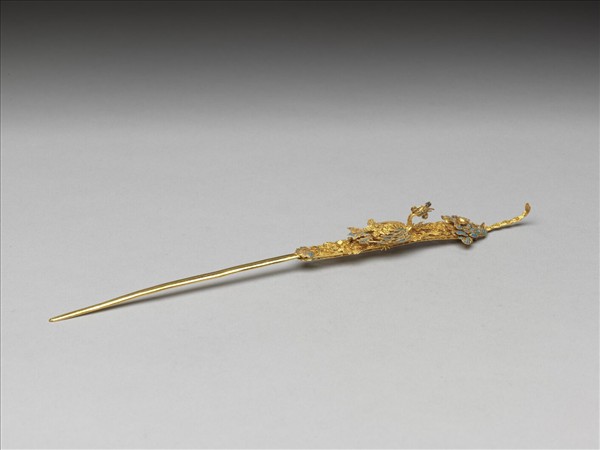 銀鍍金鳳鳥花卉耳挖簪