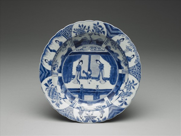 青花仕女圖花瓣口洗