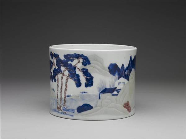 釉裏三色山水筆筒