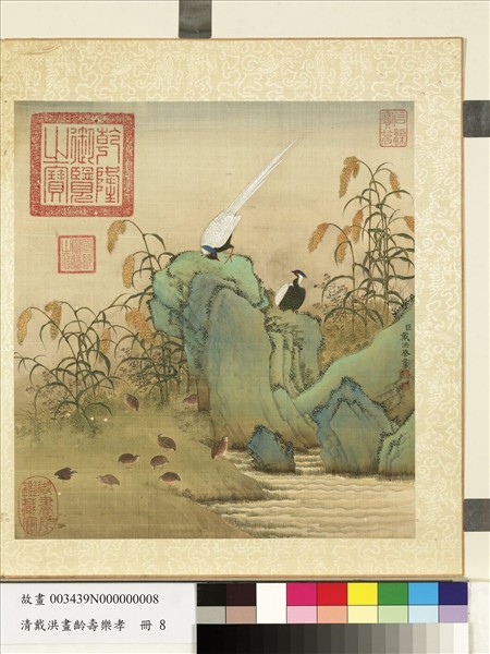 清戴洪畫齡壽樂孝　冊　鵪鶉花石