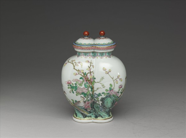 粉彩久安圖雙連蓋罐