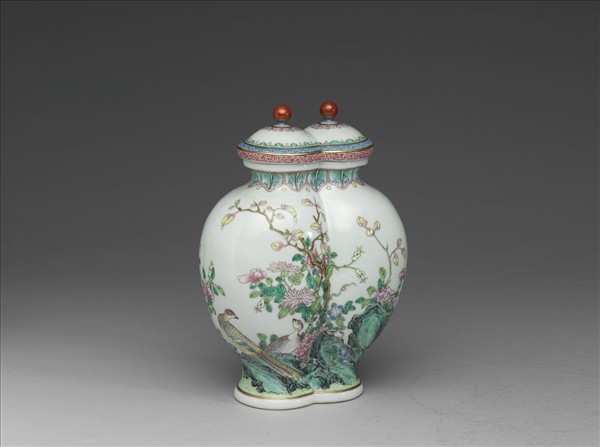 粉彩久安圖雙連蓋罐