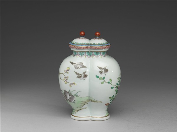 粉彩久安圖雙連蓋罐