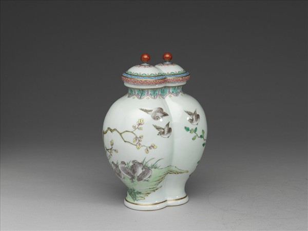 粉彩久安圖雙連蓋罐