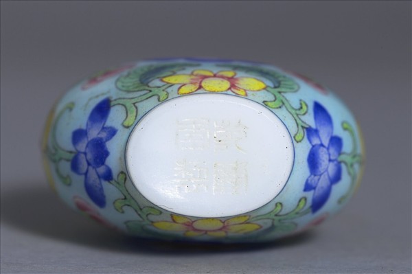 玻璃胎畫琺瑯天藍地花卉紋鼻煙壺