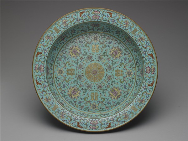 粉彩湖綠地福壽雙囍紋盆