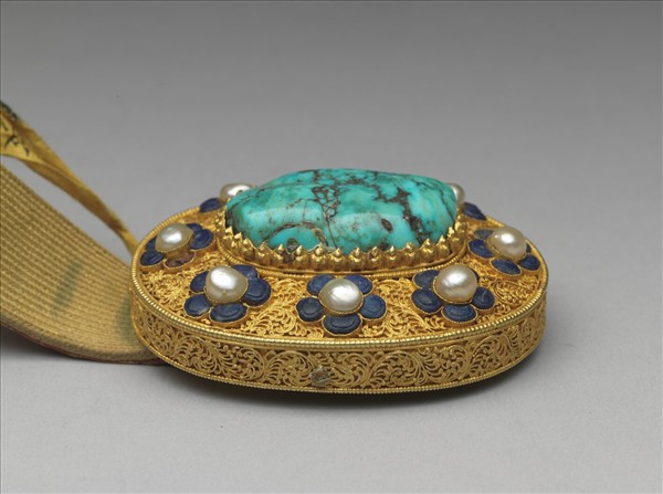 銀鍍金鑲松石珍珠帶扣