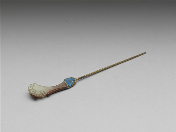 銀鍍金嵌玉龍首簪