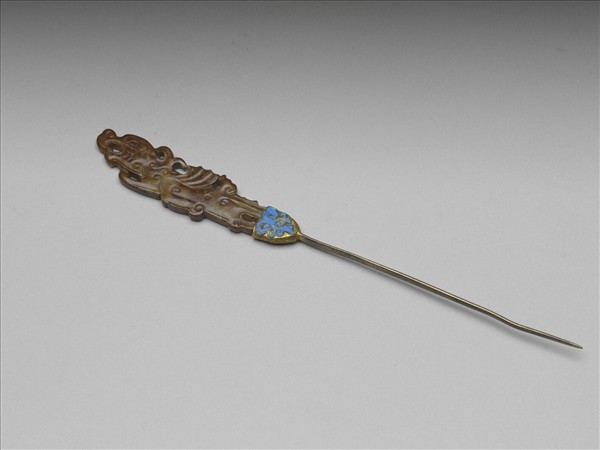 銀鍍金嵌玉龍首簪