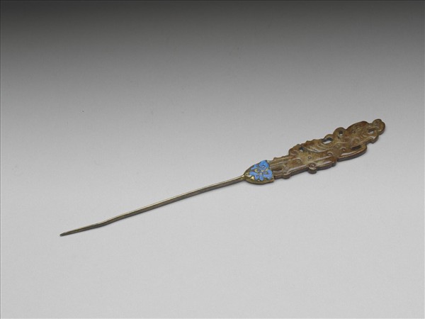 銀鍍金嵌玉龍首簪