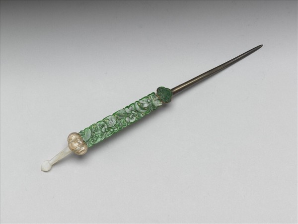 銀鍍金花草翠玉扁簪