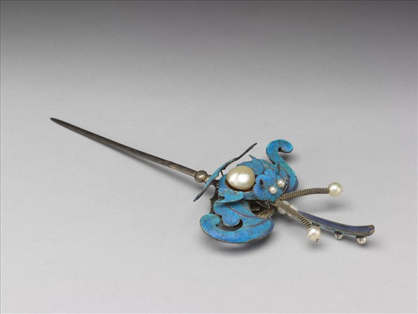 銀點翠嵌珍珠蝙蝠耳挖簪