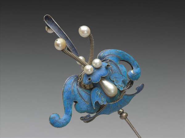 銀點翠嵌珠蝙蝠耳挖簪