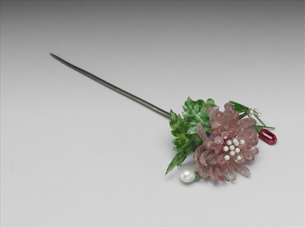 銀鍍金碧璽珠翠花簪