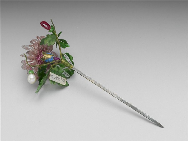 銀鍍金碧璽珠翠花簪