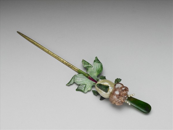 碧璽翠玉嵌珠金魚耳挖簪