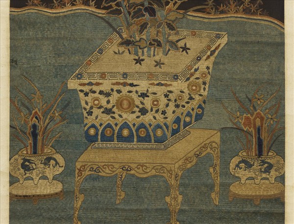 宋繡盆菊詩意簾　軸