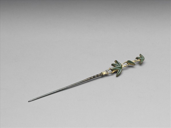 銀鍍金嵌翠玉竹葉簪