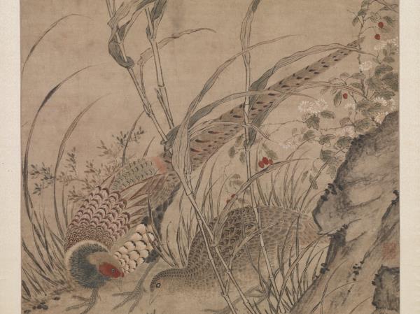 明呂紀畫草花野禽　軸