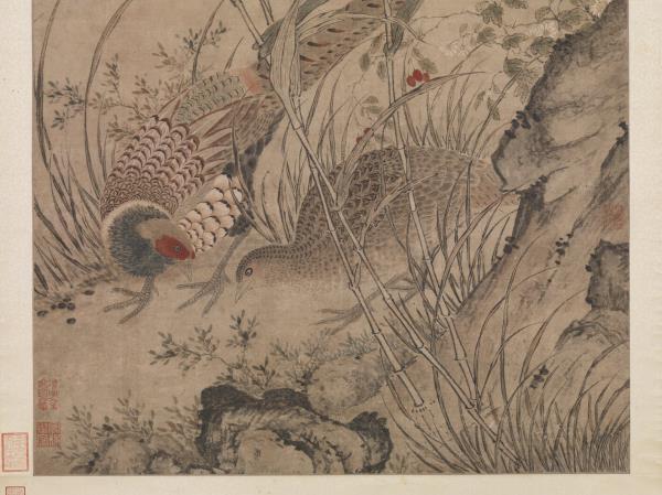 明呂紀畫草花野禽　軸