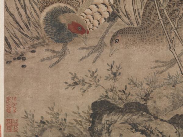 明呂紀畫草花野禽　軸