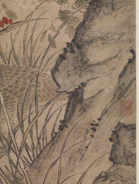 明呂紀畫草花野禽　軸