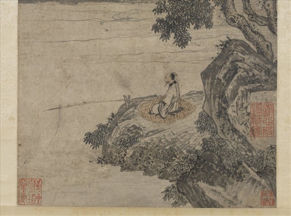 明唐寅松溪獨釣圖　軸