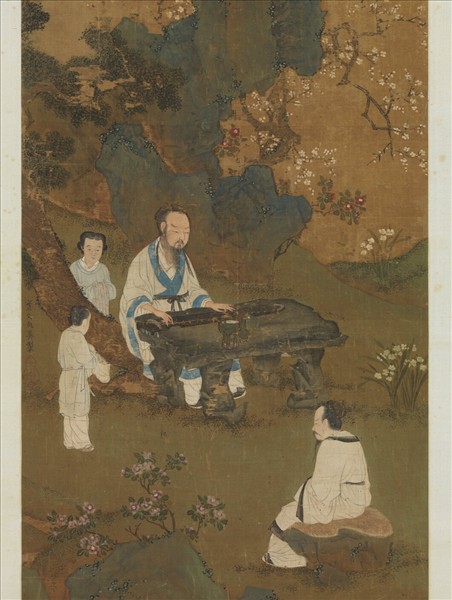 明仇英梅石撫琴圖　軸