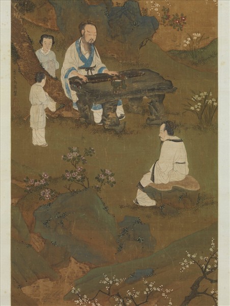 明仇英梅石撫琴圖　軸