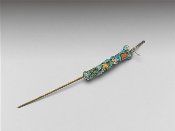 銀鍍金點翠嵌各色米珠萬壽無疆耳挖簪