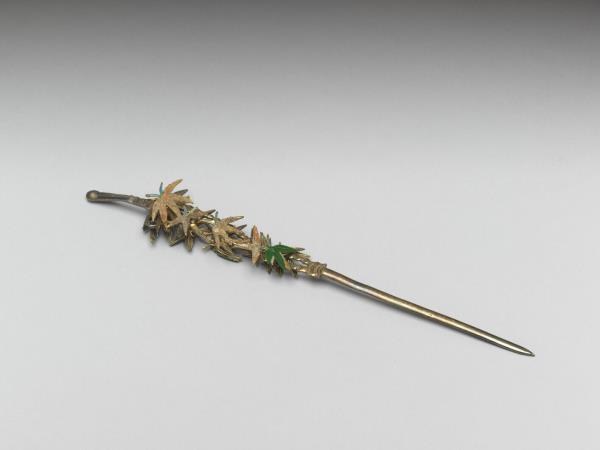 銀鍍金嵌翠玉竹葉耳挖簪