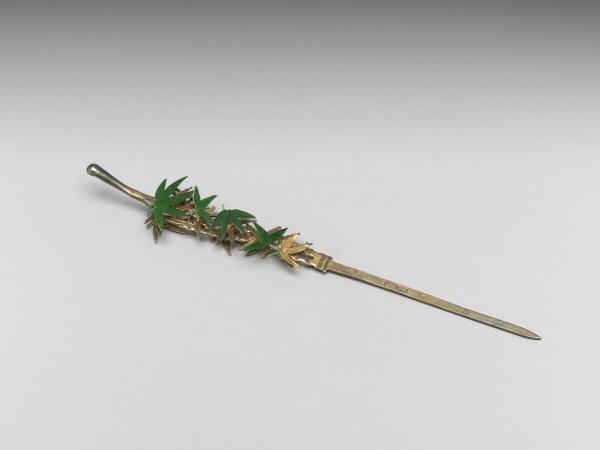 銀鍍金嵌翠玉竹葉耳挖簪