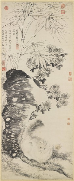 明陶成菊石戲貓圖　軸