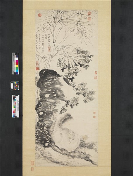 明陶成菊石戲貓圖　軸