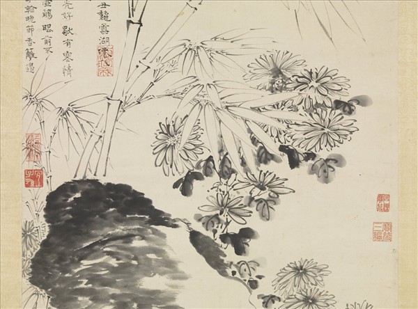 明陶成菊石戲貓圖　軸