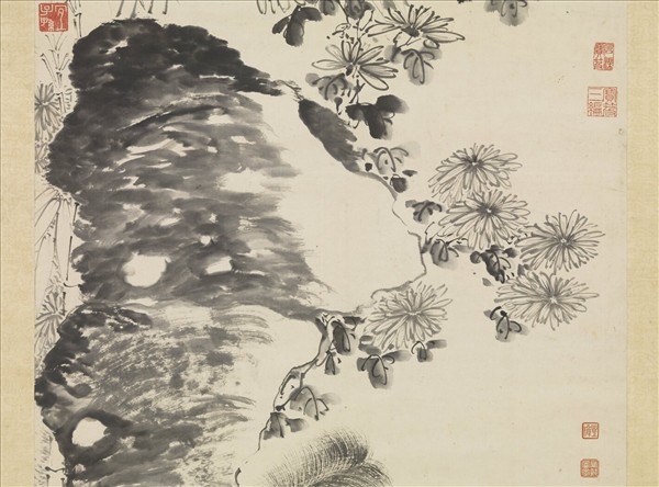 明陶成菊石戲貓圖　軸