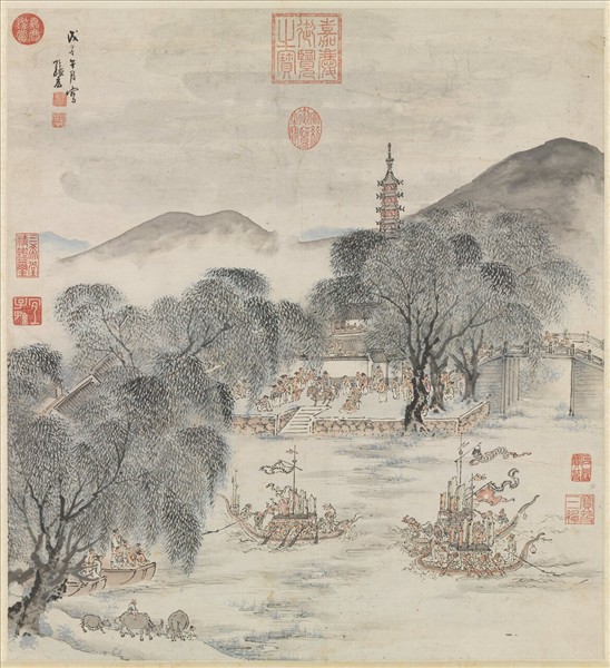 明張宏競渡圖　軸