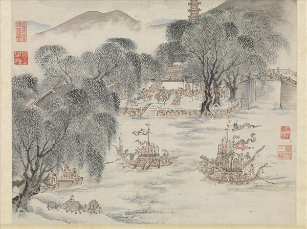 明張宏競渡圖　軸