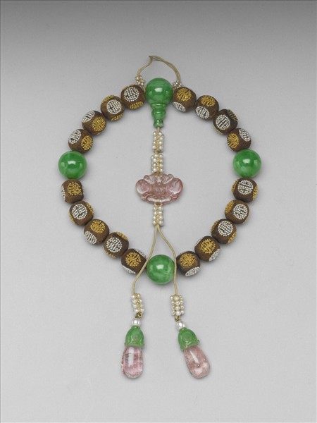 茄楠木嵌金珠團壽手串