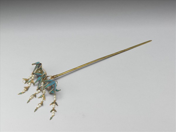 銀鍍金點翠珍珠竹葉簪