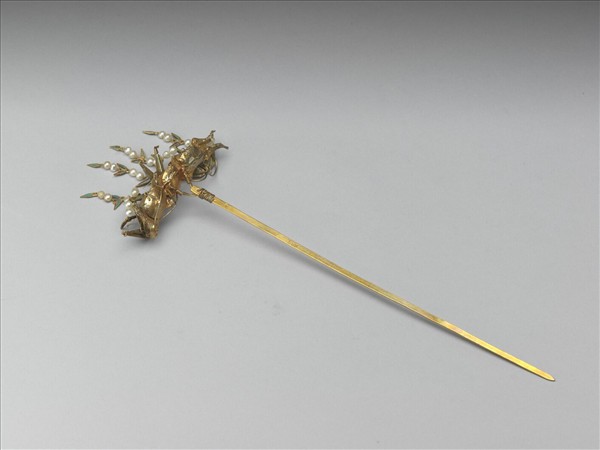 銀鍍金點翠珍珠竹葉簪