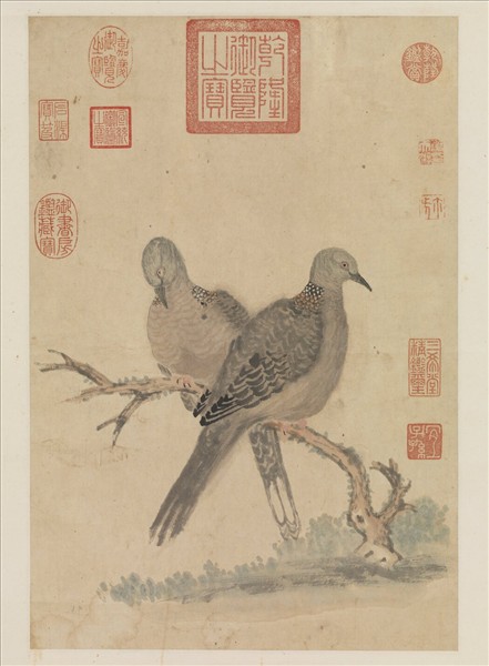 元謝天游古木雙鳩　軸　　　　　　　　　